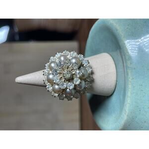 Vintage Faux Pearl And Rhinestone Dome Adjustable Ring